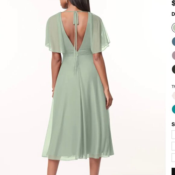 Azazie Tinsley Bridesmaid Dress Dusty Sage Green Midi Sleeves Flowy Pleated A16 - Picture 2 of 9